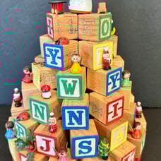 Christmas wood alphabet block Christmas tree decor 11”T vintage B-M