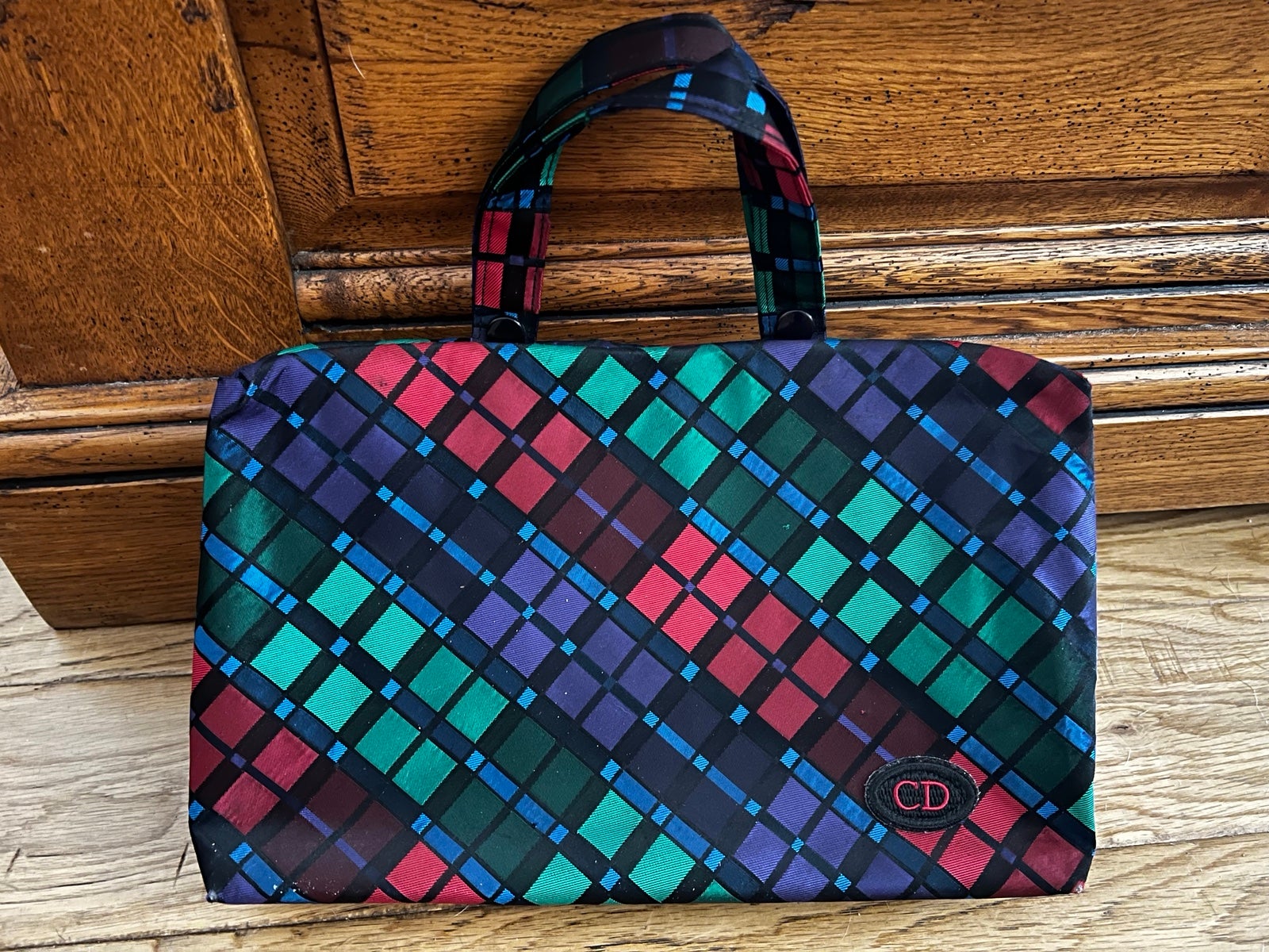 Christian Dior Large Sz- 2 Zippered Cosmetic Organizer Travel - Plaid Vintage