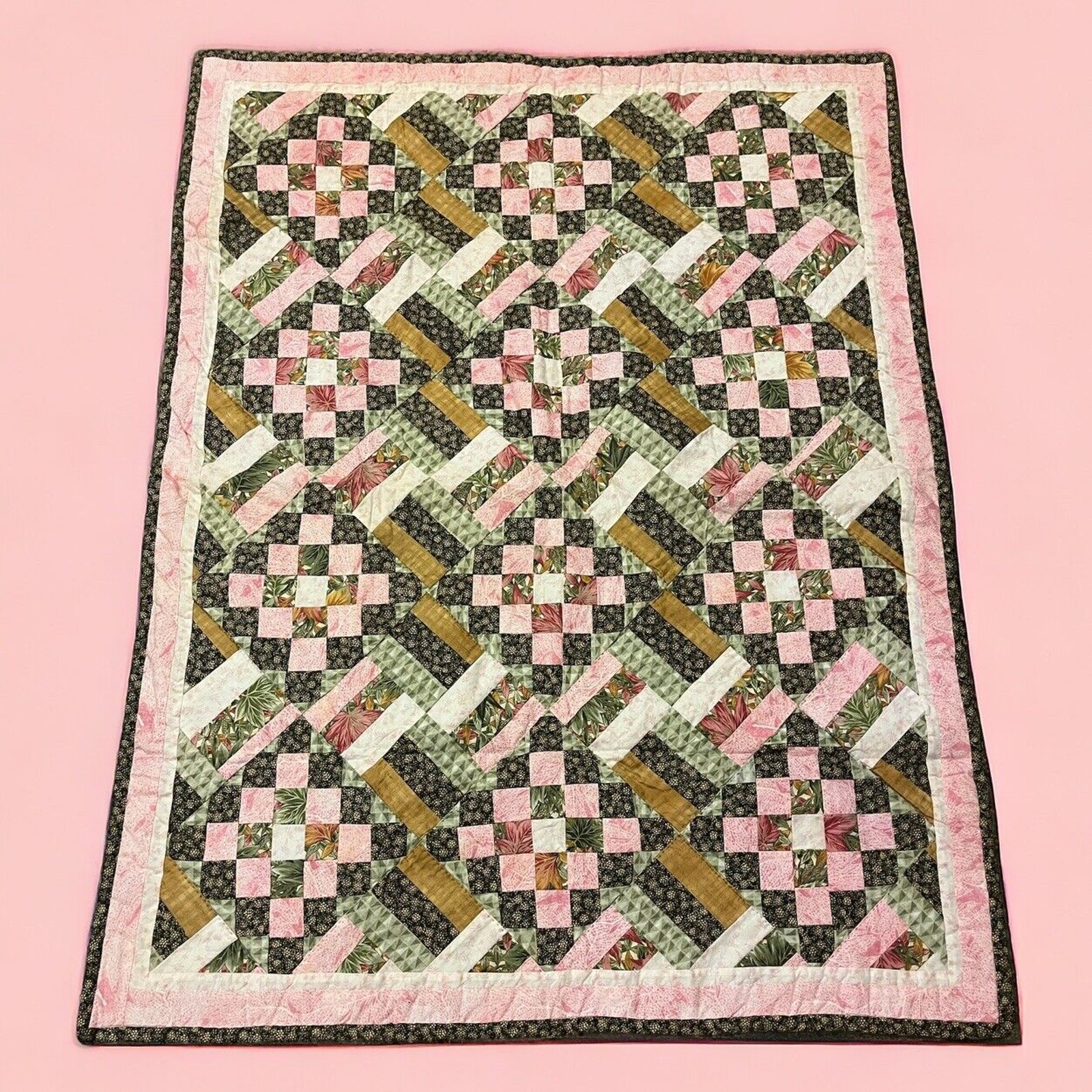 Homemade Toddler Baby 49 x37'' Quilt Blanket pink green earthtone squares EUC