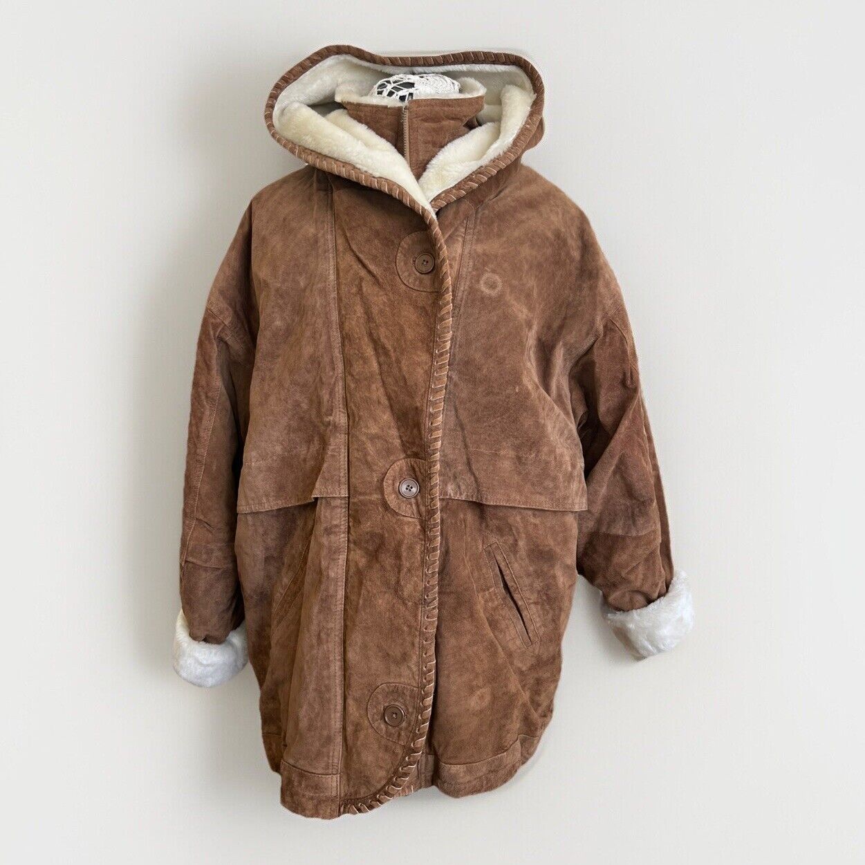 NWT Vtg 80S Dalmys Suede Leather Faux Shearing Jacket W Hood Brown Zip Up Sz M