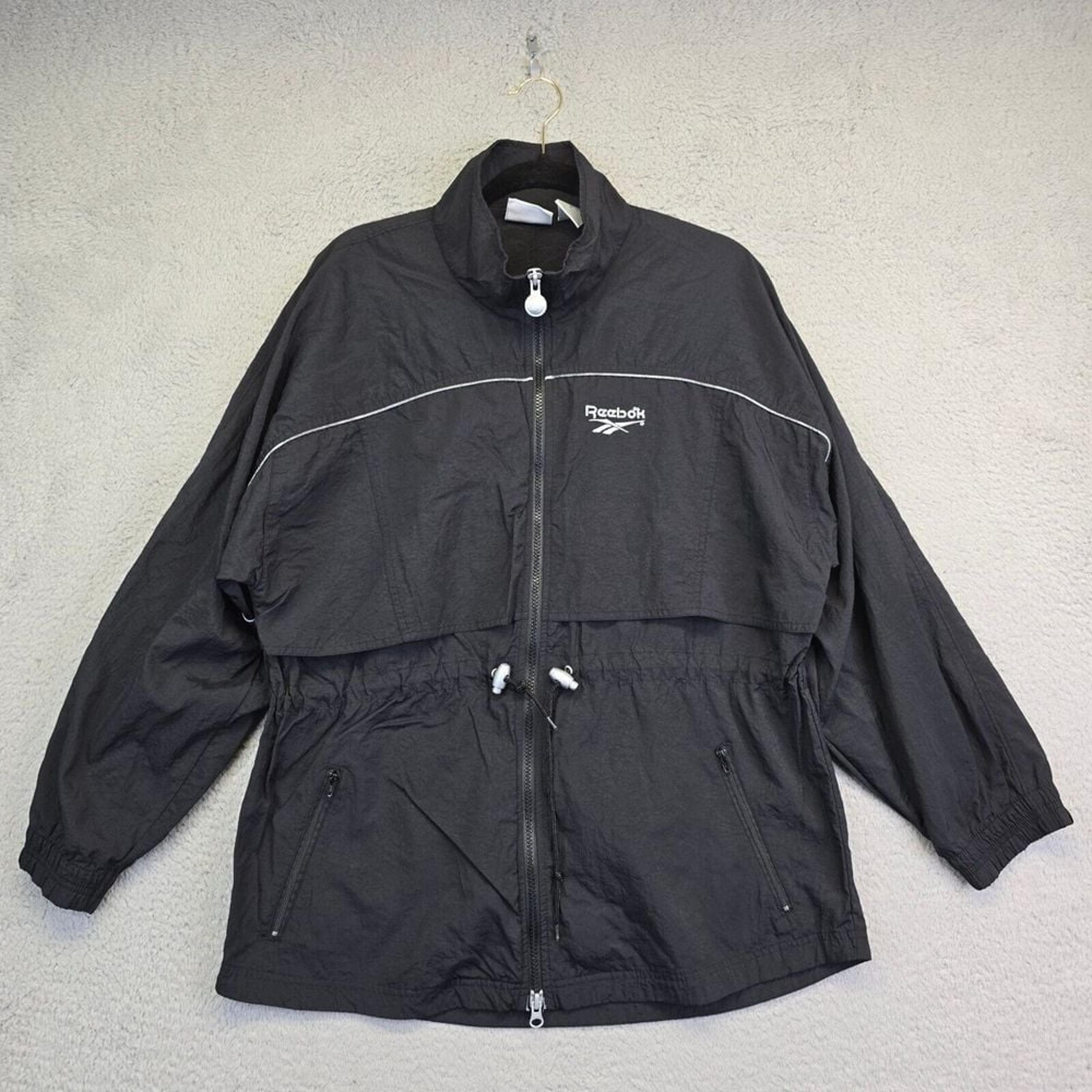 Vintage Reebok Windbreaker Jacket Mens M Black '90s Retro Toggle Waist Zip Track