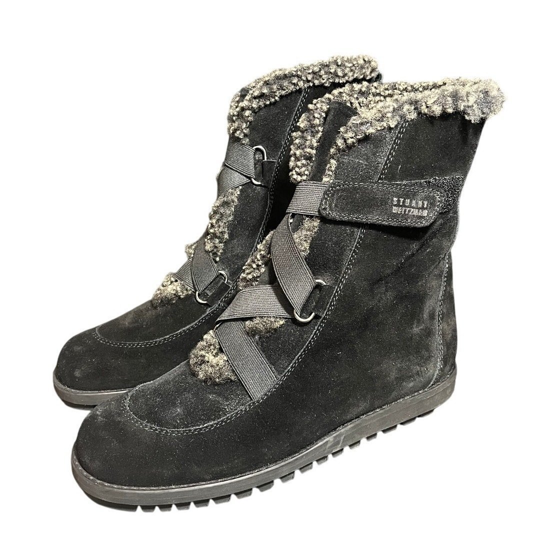 STUART WEITZMAN BLACK SUEDE LEATHER COMBAT ANKLE BOOTS SHEARLING SIZE 7.5