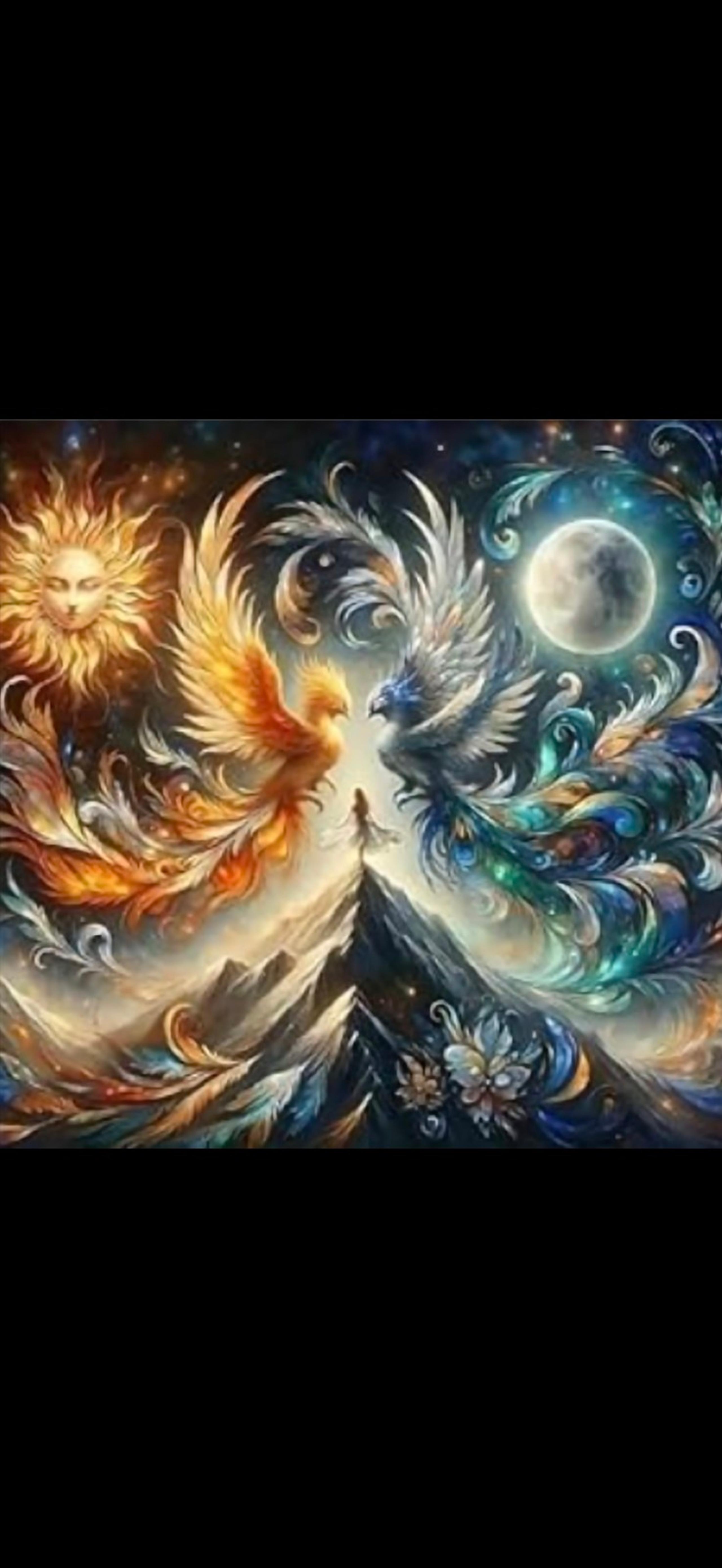 Blue and Orange Sun Moon Celestial Phoenix Rising Glass 5D Diamond Painting Kit