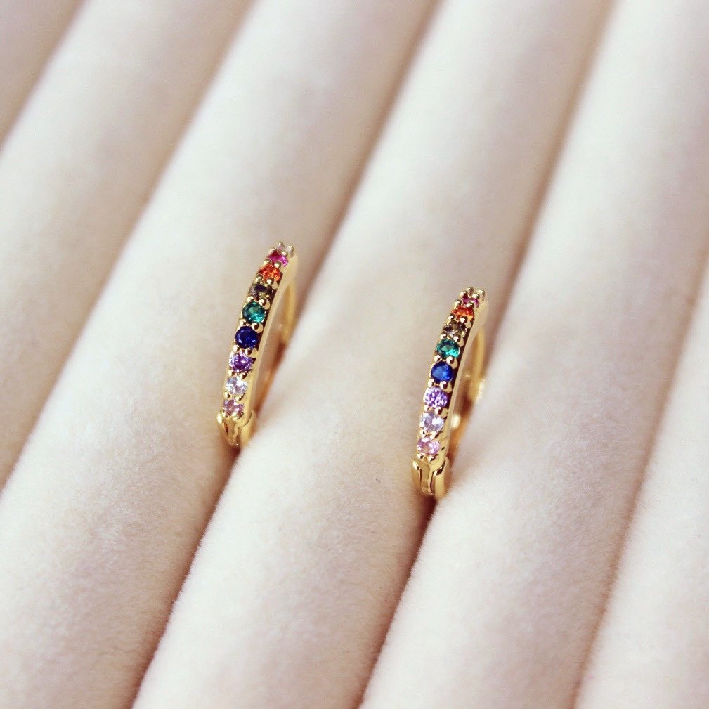 14K Yellow Gold Rainbow Sapphire Pavé Birthstone Huggie Hoop Earrings, NWT