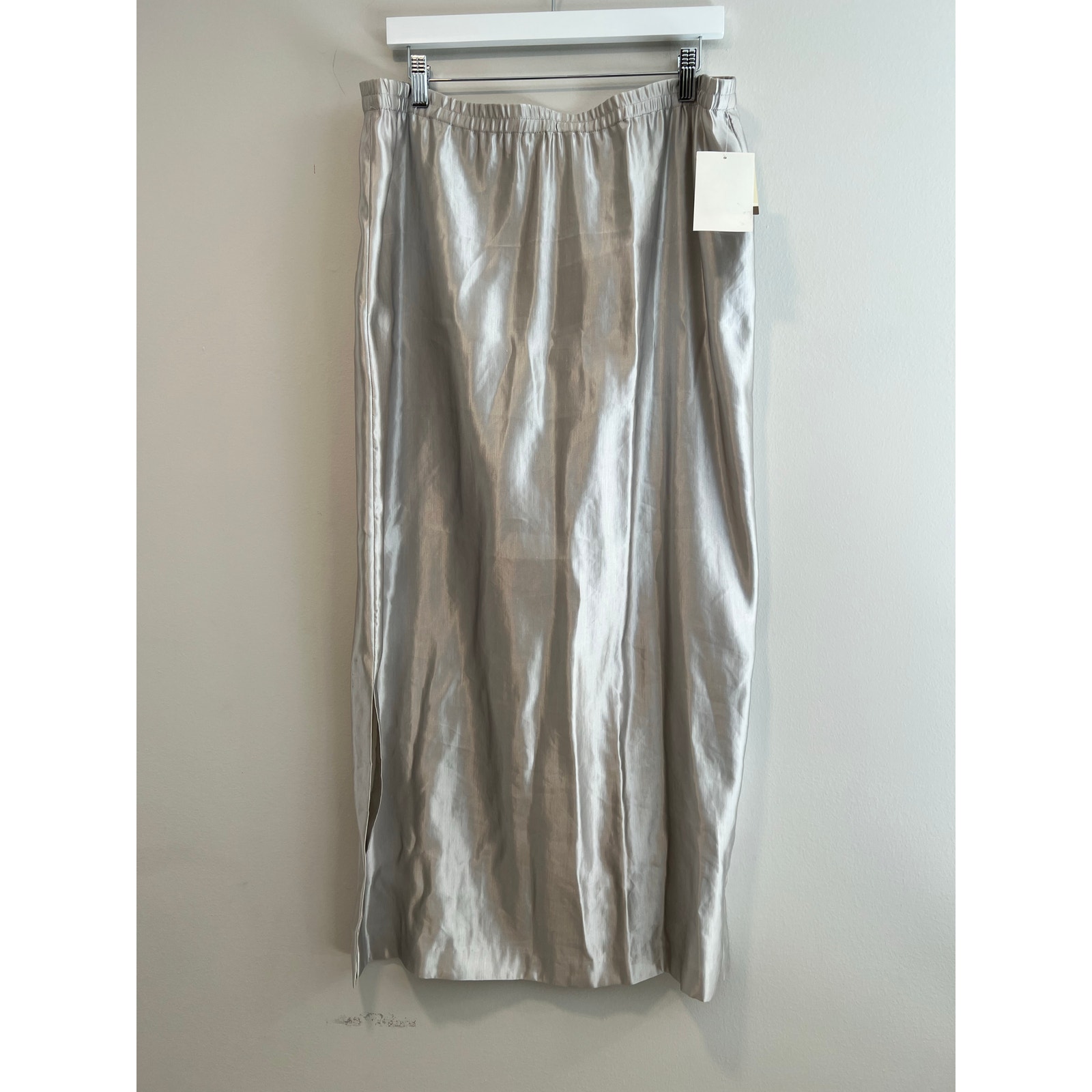 Doncaster Silk & Linen Pull On Midi Skirt Side Slits Metallic Silver Size 12 JJ