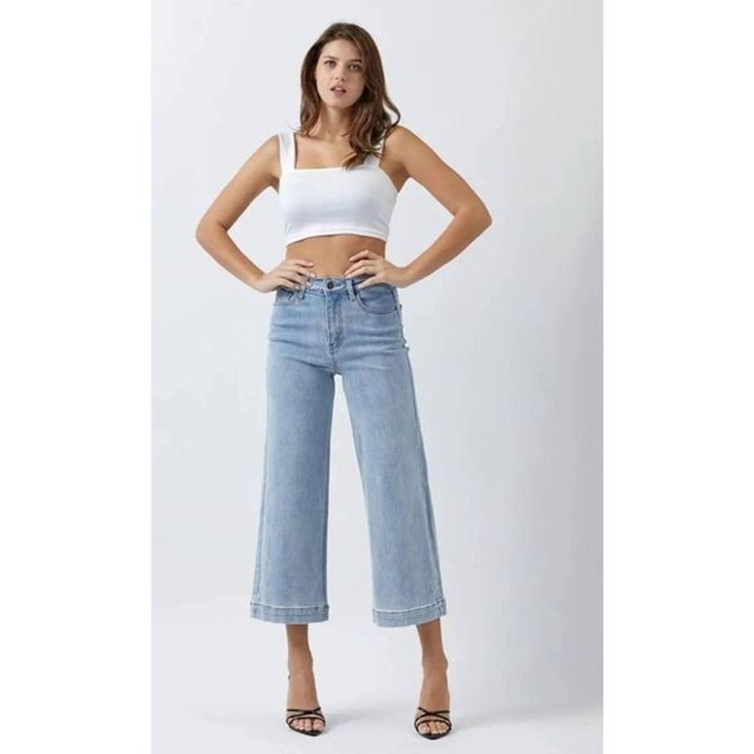 Risen Jeans Womens 2XL Plus Wide Leg Cropped Clean Hem Stretch Light Wash