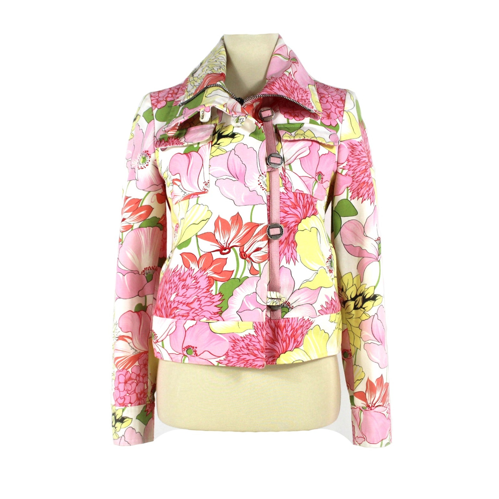 Burberry London Pink Yellow Floral Jean Jacket 8 Cotton Green White Denim 6