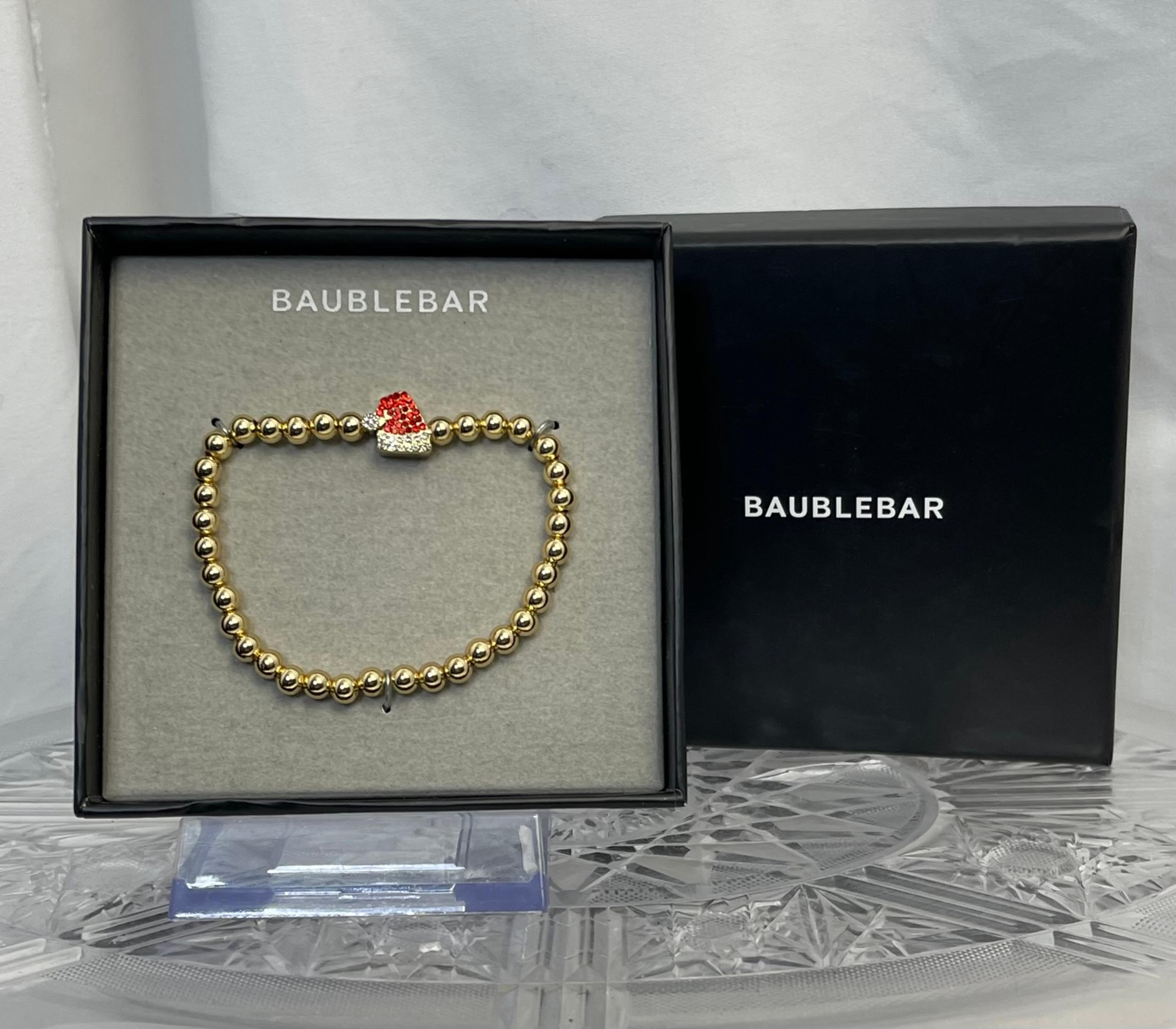 NIB Baublebar Gold Tone Beaded Pave Crystal Santa Hat Stretch Bracelet