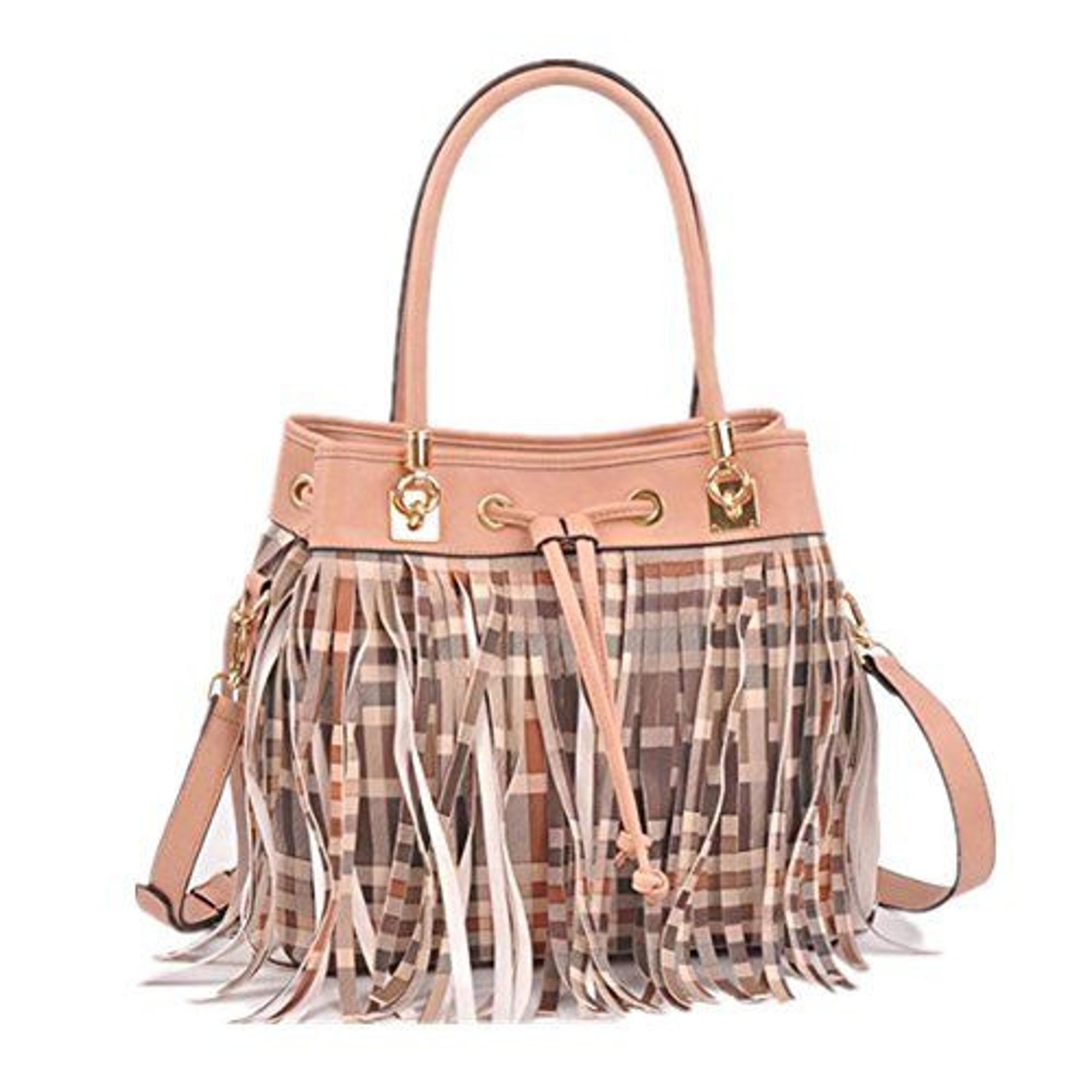 Checkered Print Fringe Drawstring Shoulder Bucket Bag Detachable Strap