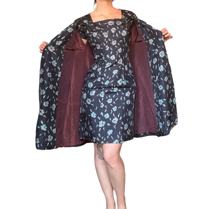 VTG '50s '60s Eleanor Green Silk Watercolor Floral Sheath Dress & Coat Set XS