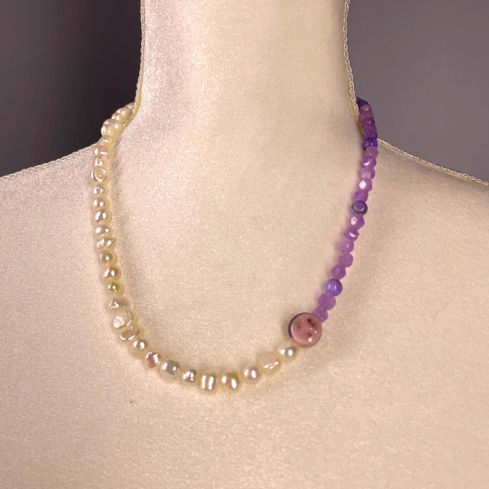 NWT, Artisan Pearl & Gemstone Necklace, Upcycled Ceramic Center, One of a Kind