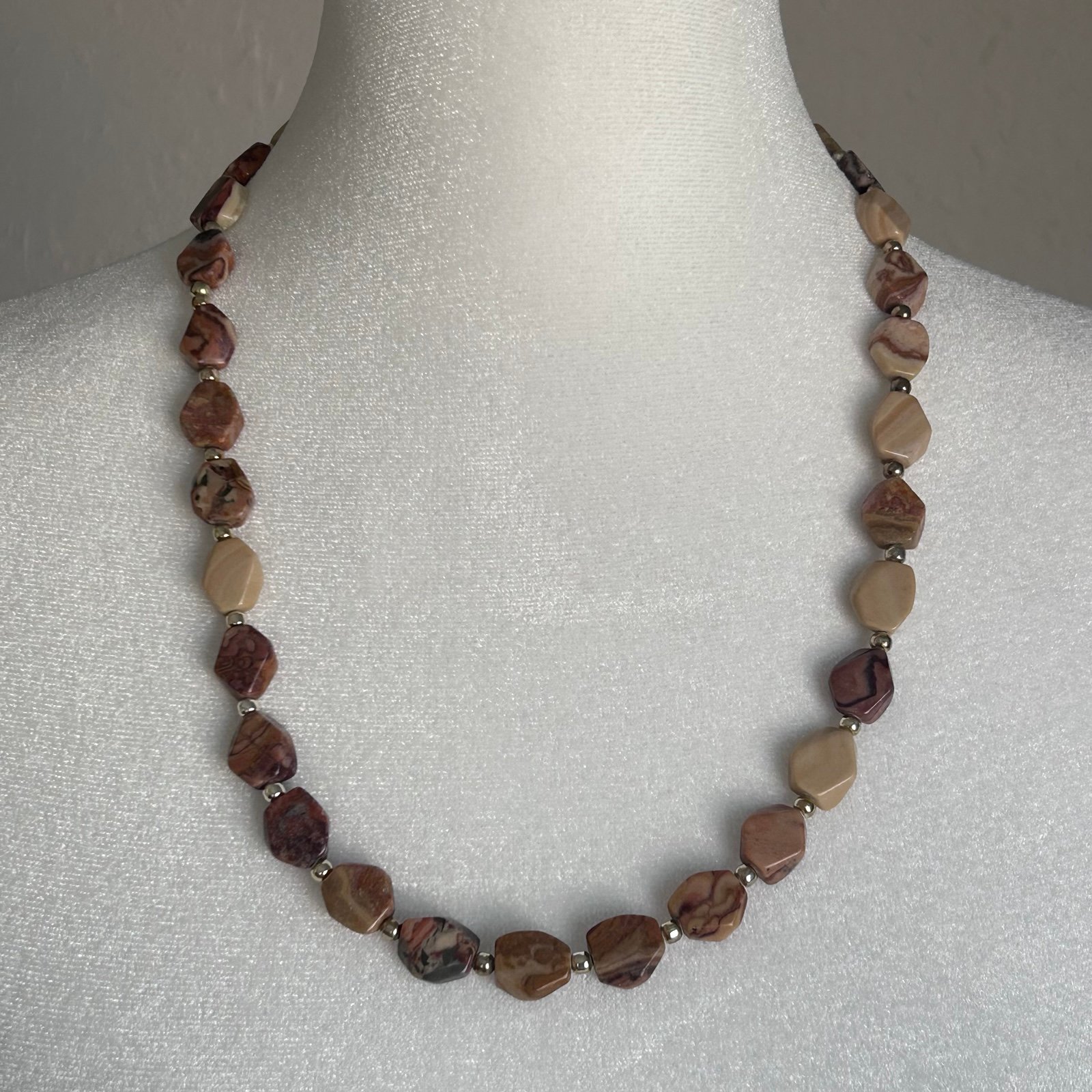Beige Brown Black Jasper & Silver 23 Necklace Signed Navajo Native American