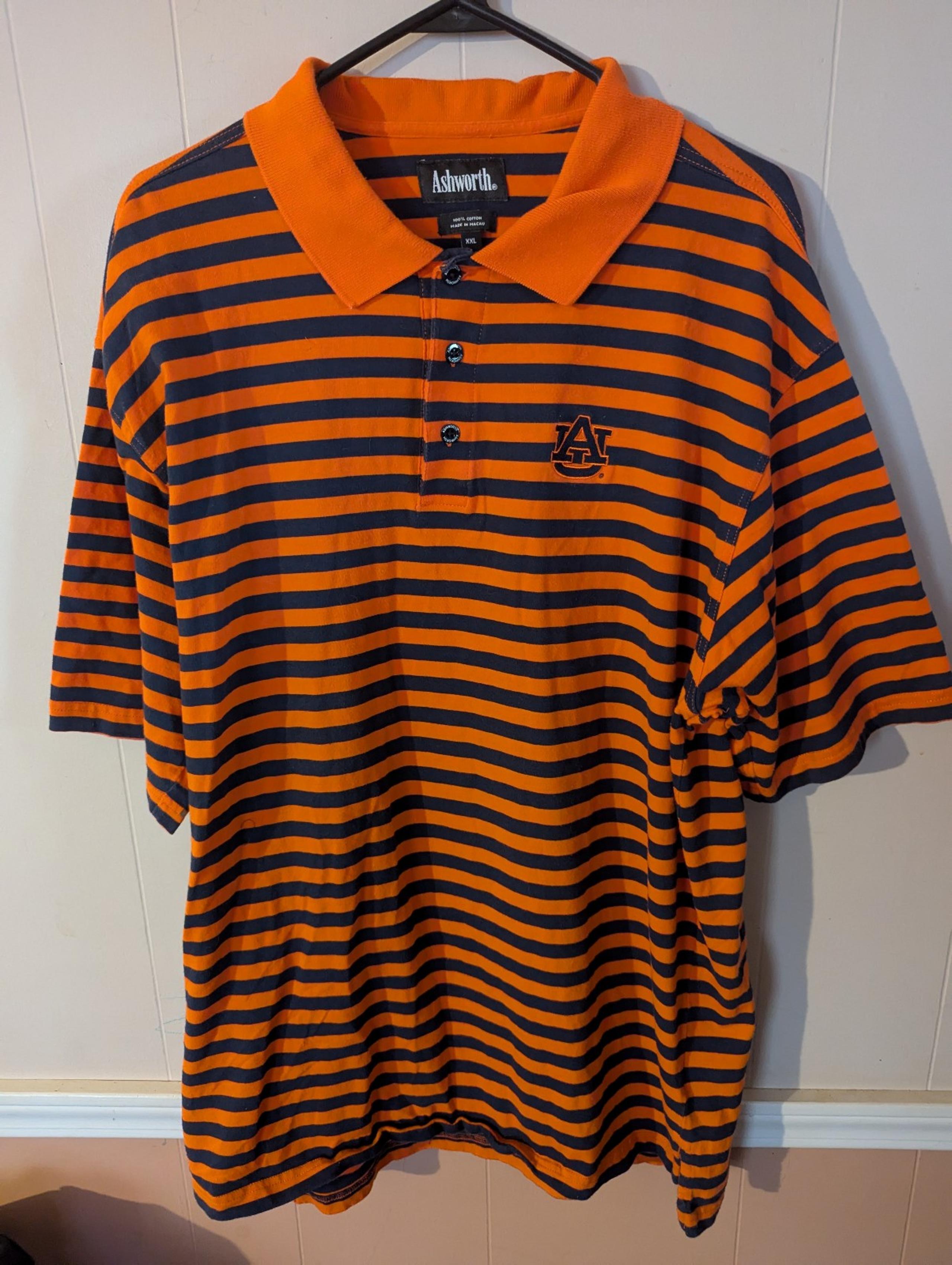 Ashworth Auburn University Polo Shirt Mens Orange/Black Striped Short Sleeve