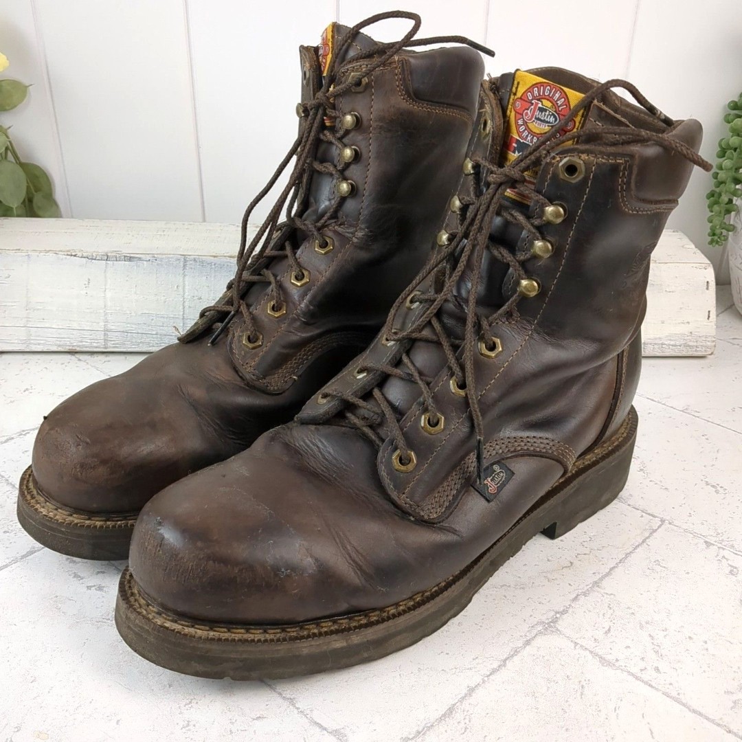 Justin Original Work Boots Lace-up Safety Toe 445 Double Comfort Men&#39;s 10 EE