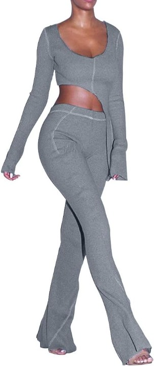 Women's Ribbed Asymmetric Crop Top Flare Pants Set