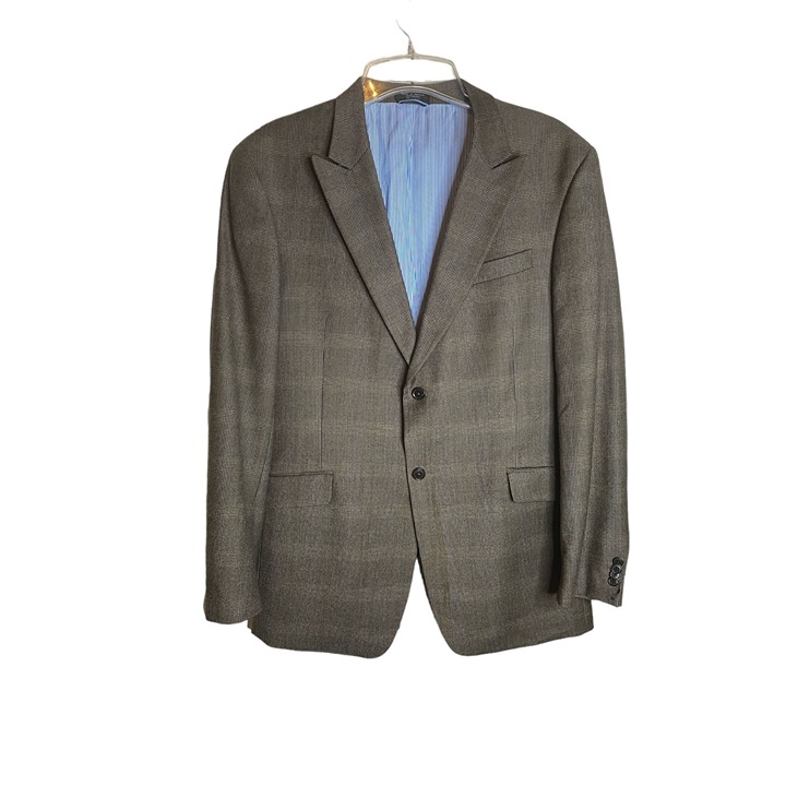 Tommy Hilfiger Men's Brown Plaid Single Breasted Two Button Wool Blazer Size 44