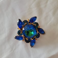 Vintage Gold-Tone Blue & Green Rhinestone Floral Brooch Pin