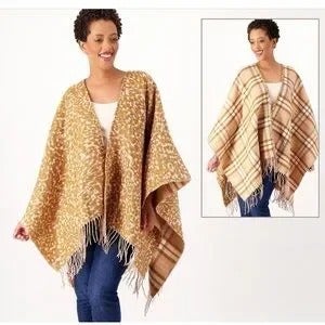 ISAAC MIZRAHI LIVE Reversible Printed Ruana in Taupe