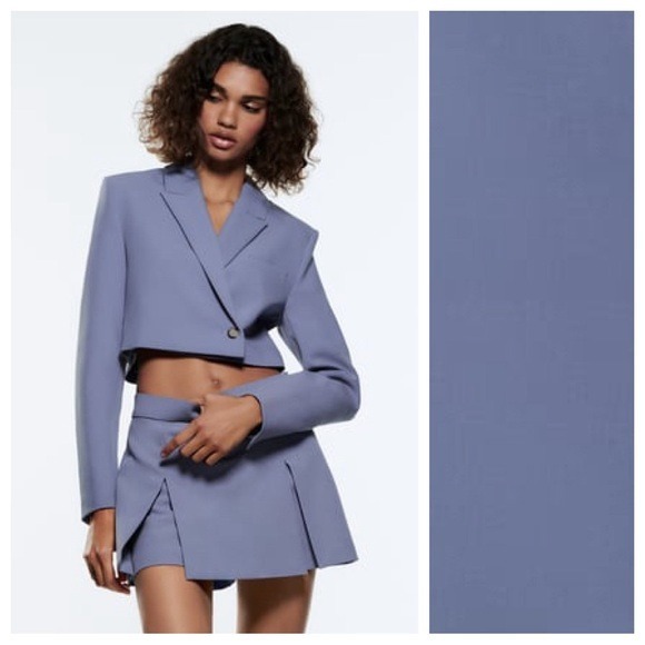 NWOT. Zara Blue/Gray Lyocell Blend Cropped Blazer. Size XL.