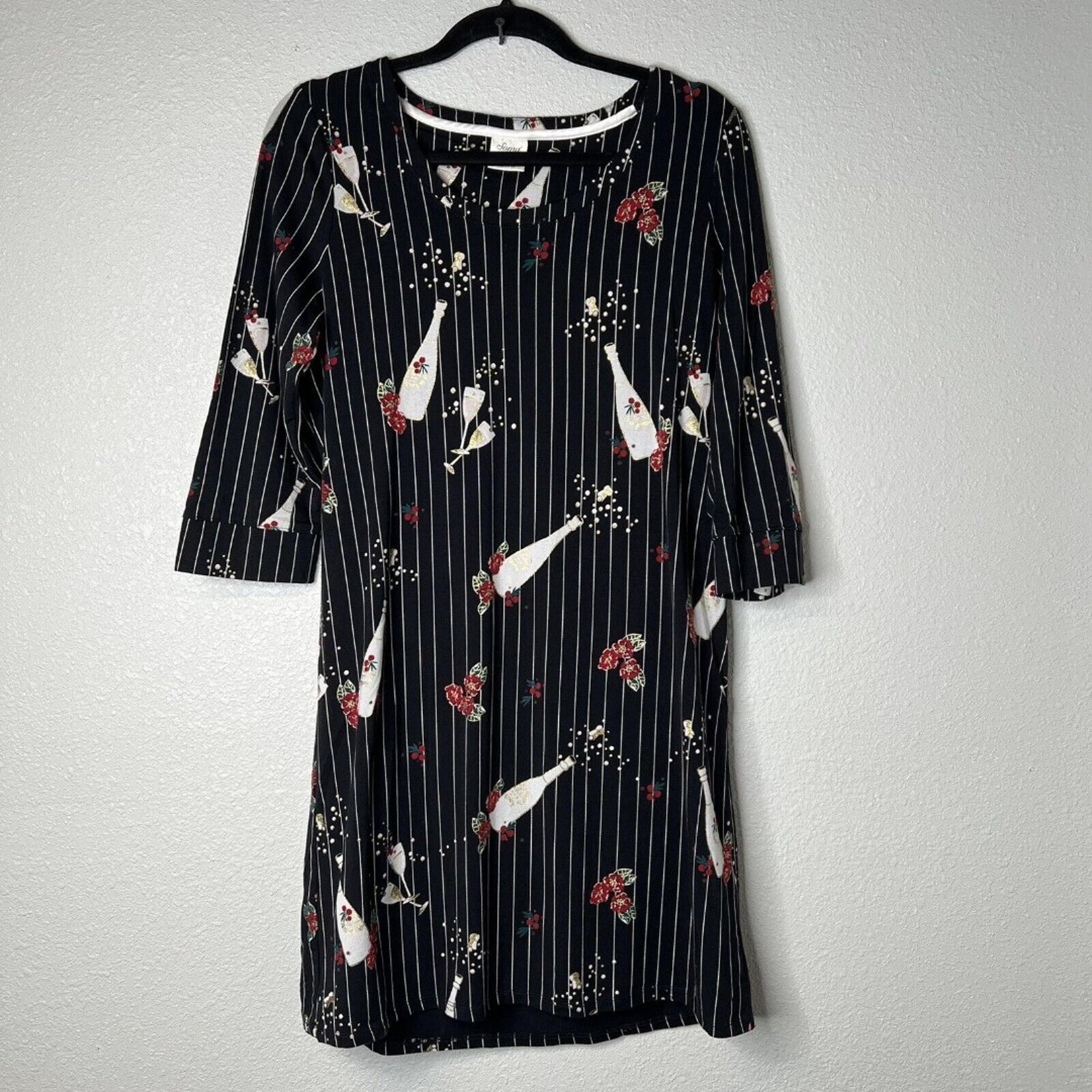 Soma Women's Night Shirt Nightgown Small Champagne Bottles Holiday Print