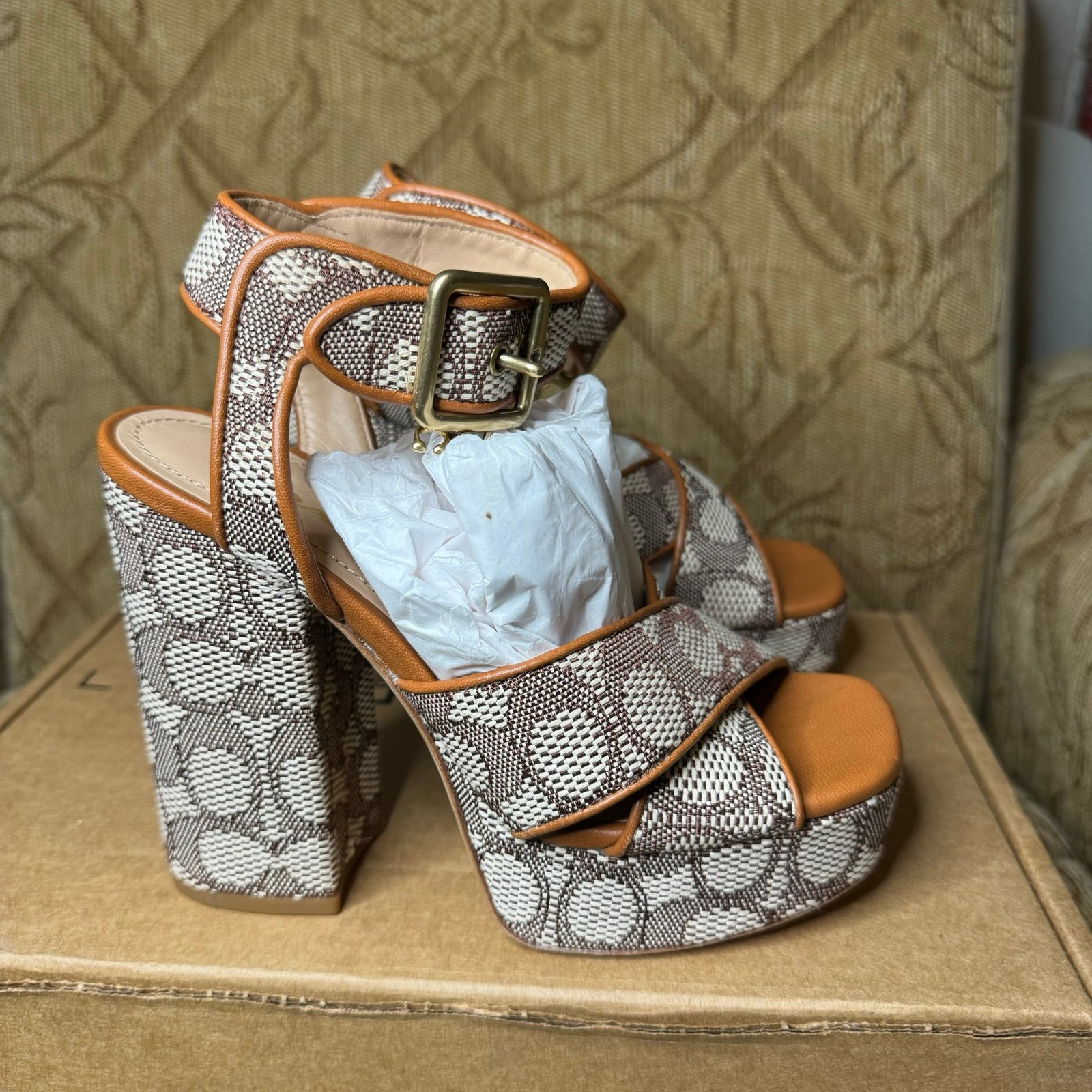 Coach Heels - Coach Nelly Sandals in Signature Jacquard, Size 5 Brown/tan EUC!