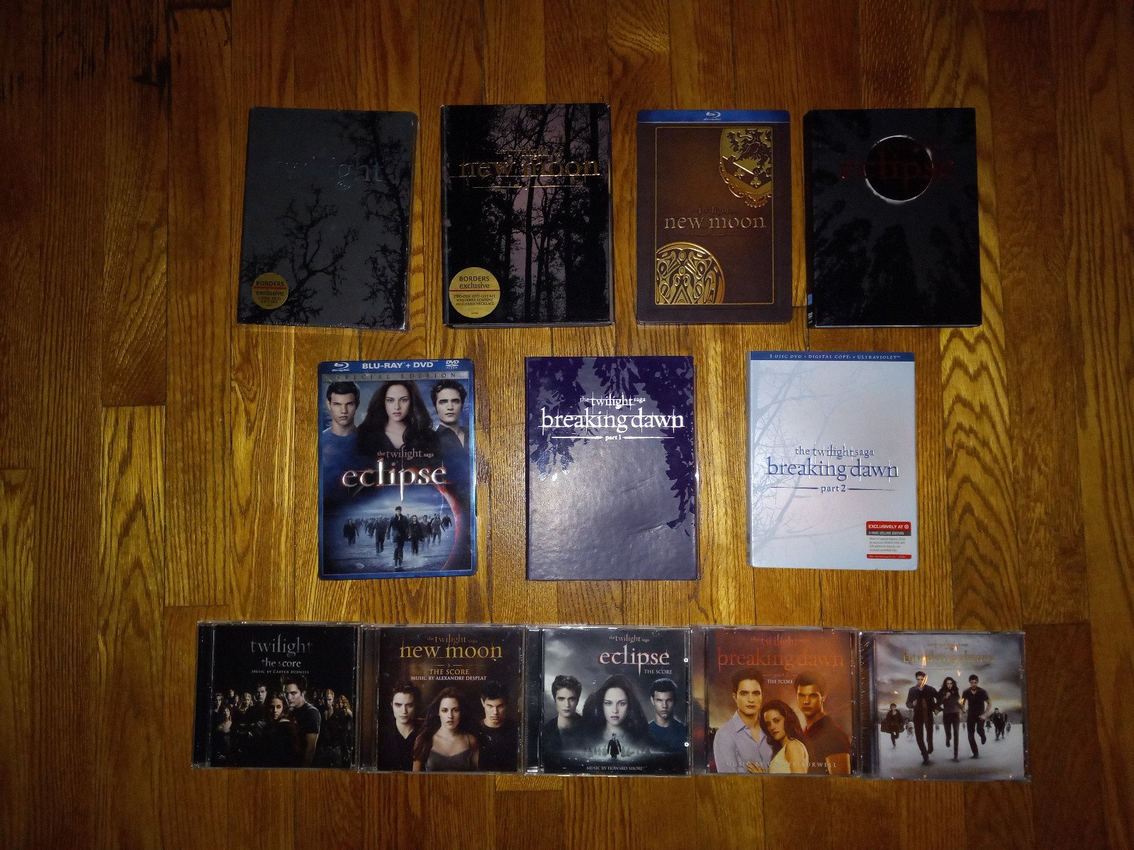 The Twilight Saga 5 dvd Collectors editions box set, 5 cd scores.
