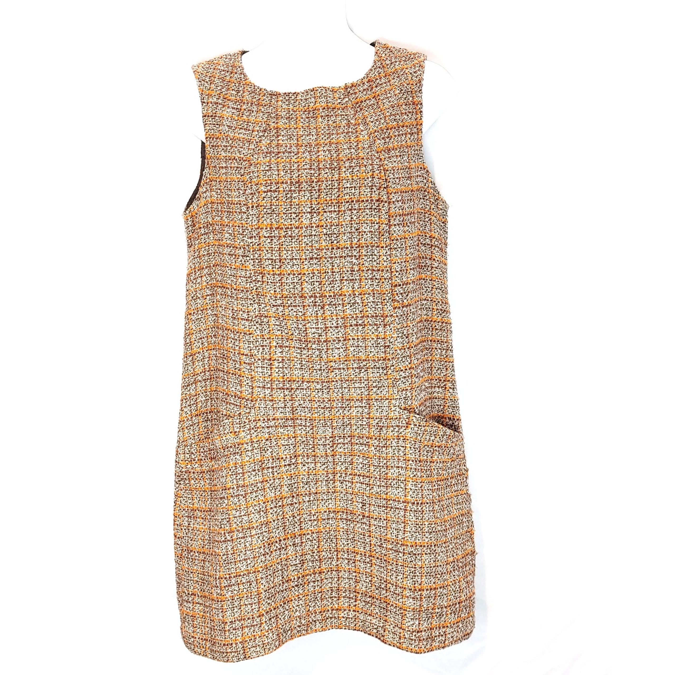 Vintage Elsey Plaid Mini Shift Dress Sleeveless Tweed Orange Brown Womens S NWT