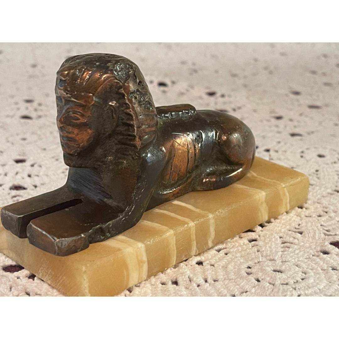 Rare BRONZE Egyptian SPHINX Metal & Marble Figurine Paperweight ~ Vintage Decor