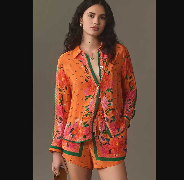 New women's S Farm Rio x Anthropologie Fruit Garden long-sleeve buttondown shirt