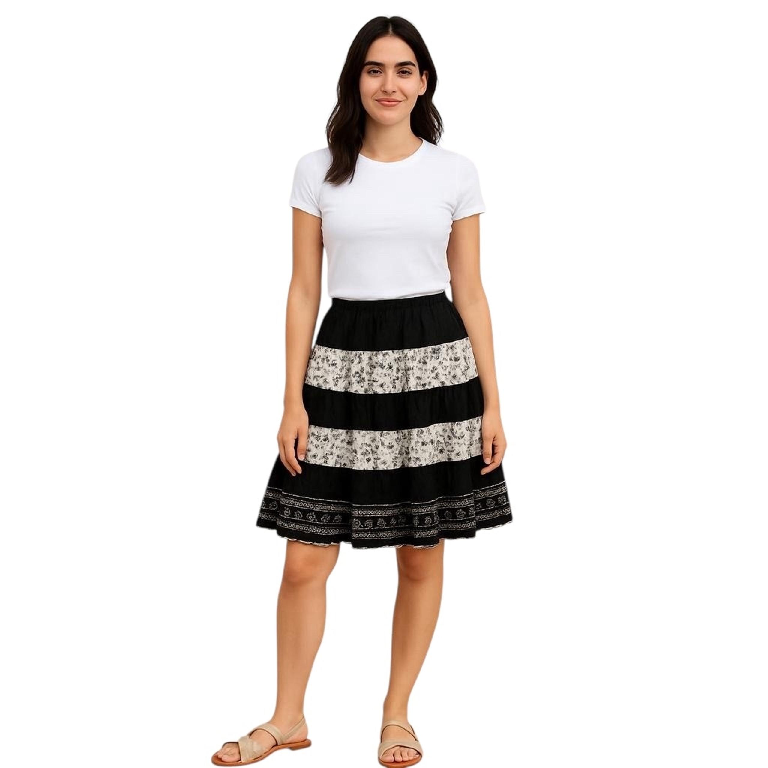 Joe Benbasset Skirt Womens L Black Embroidered Floral A-Line Boho Chic Tiered
