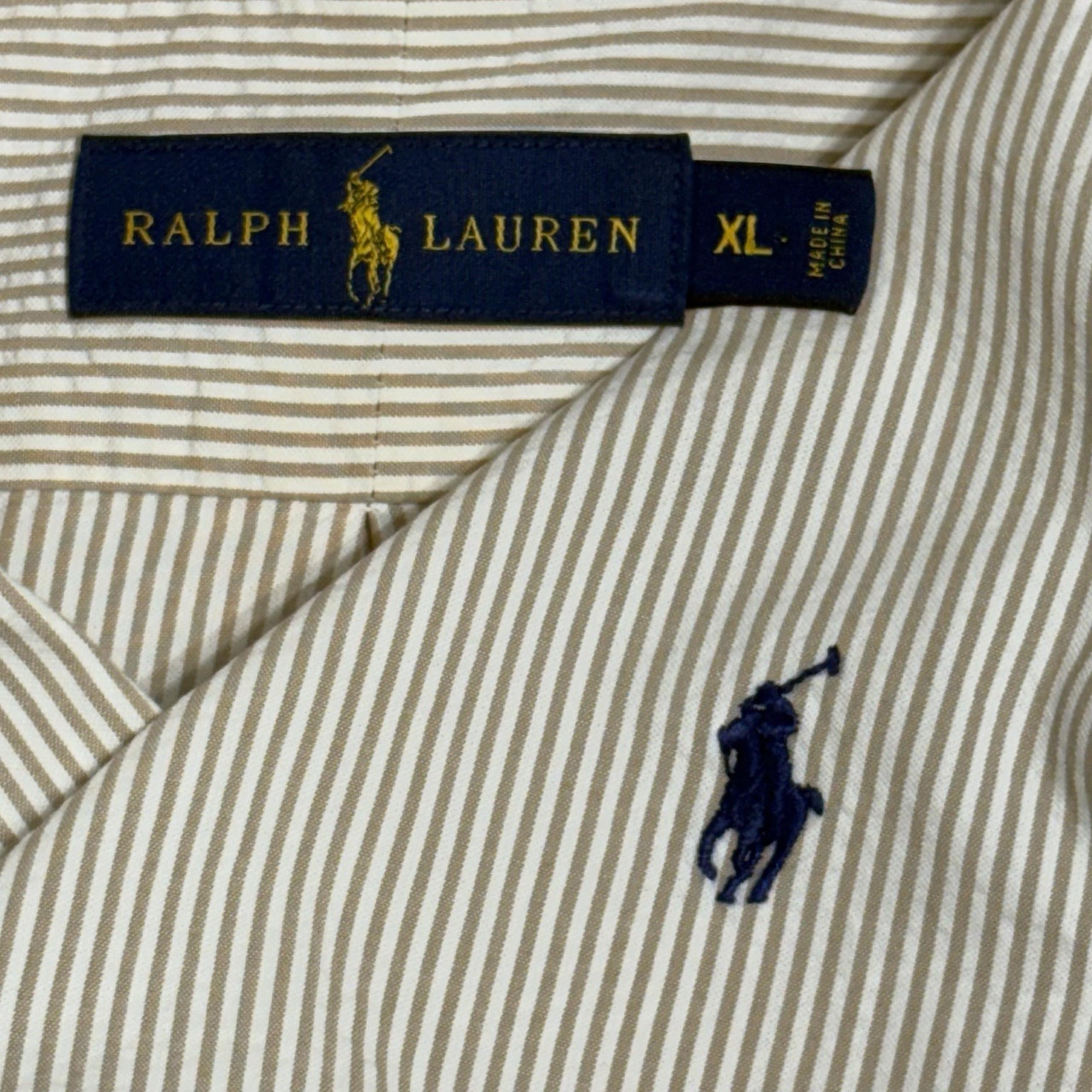 Ralph Lauren Men's Seersucker Beige White Strip Button Down Shirt Size XL Beach