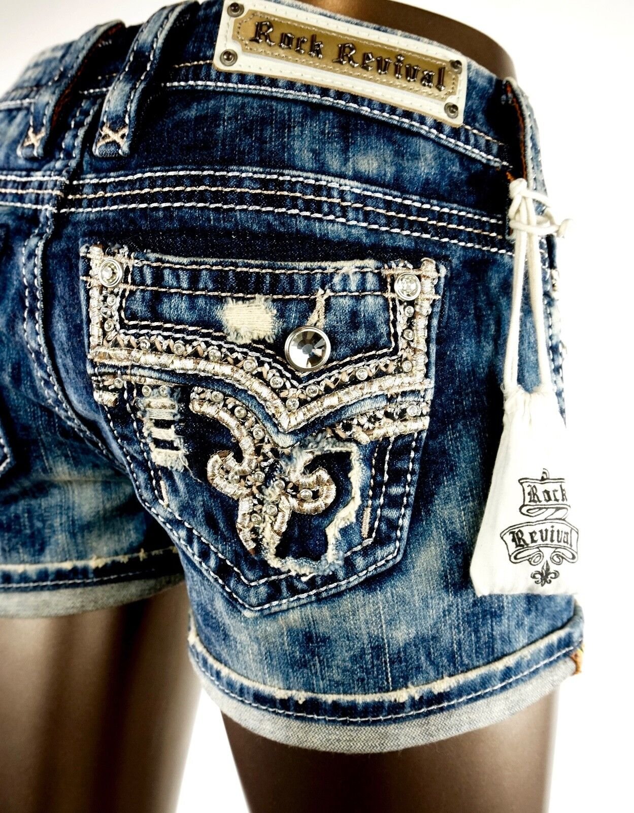 180 Buckle Rock Revival Betty Champagne Leather Inserts Acid Wash Shorts 25