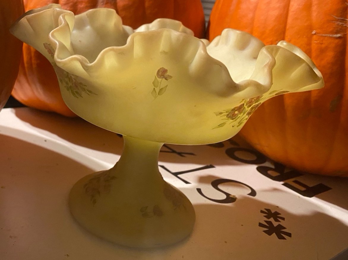 Fenton glass yellow candy dish, vintage, lovely pink floral