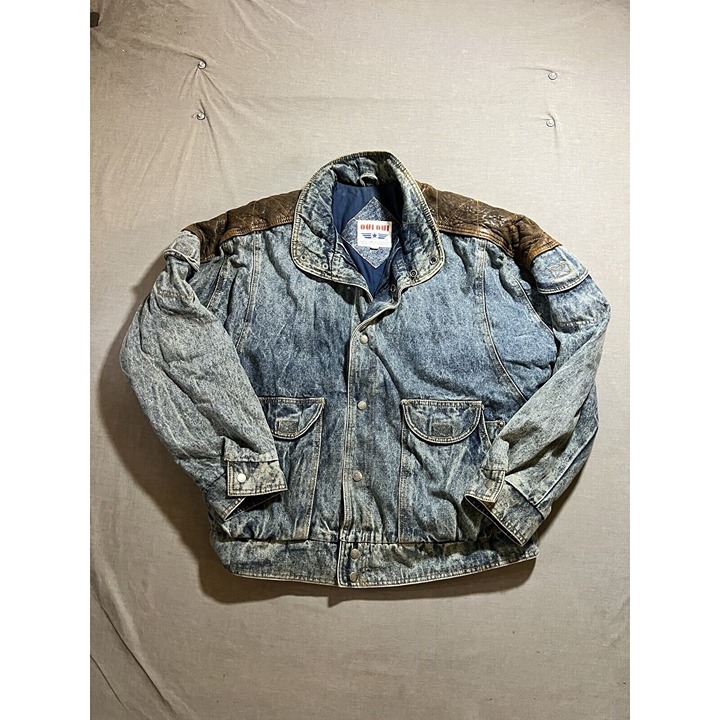 Vintage Oui Motorcycle Biker Trucker Denim Jacket Mens L Blue Button.