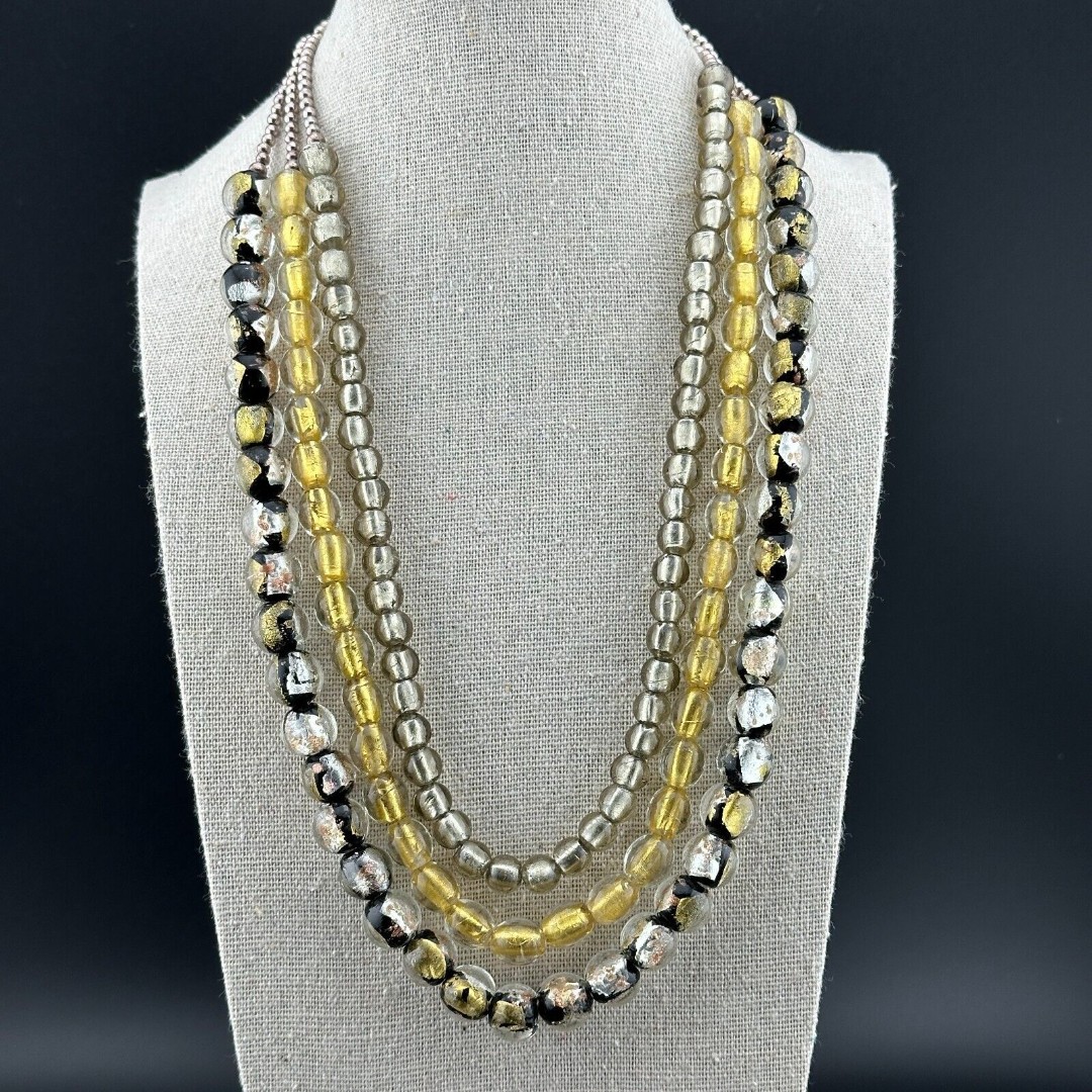 Vintage Three Strand Sterling 925 Silver Gold Foil Art Glass Beaded Necklace 19