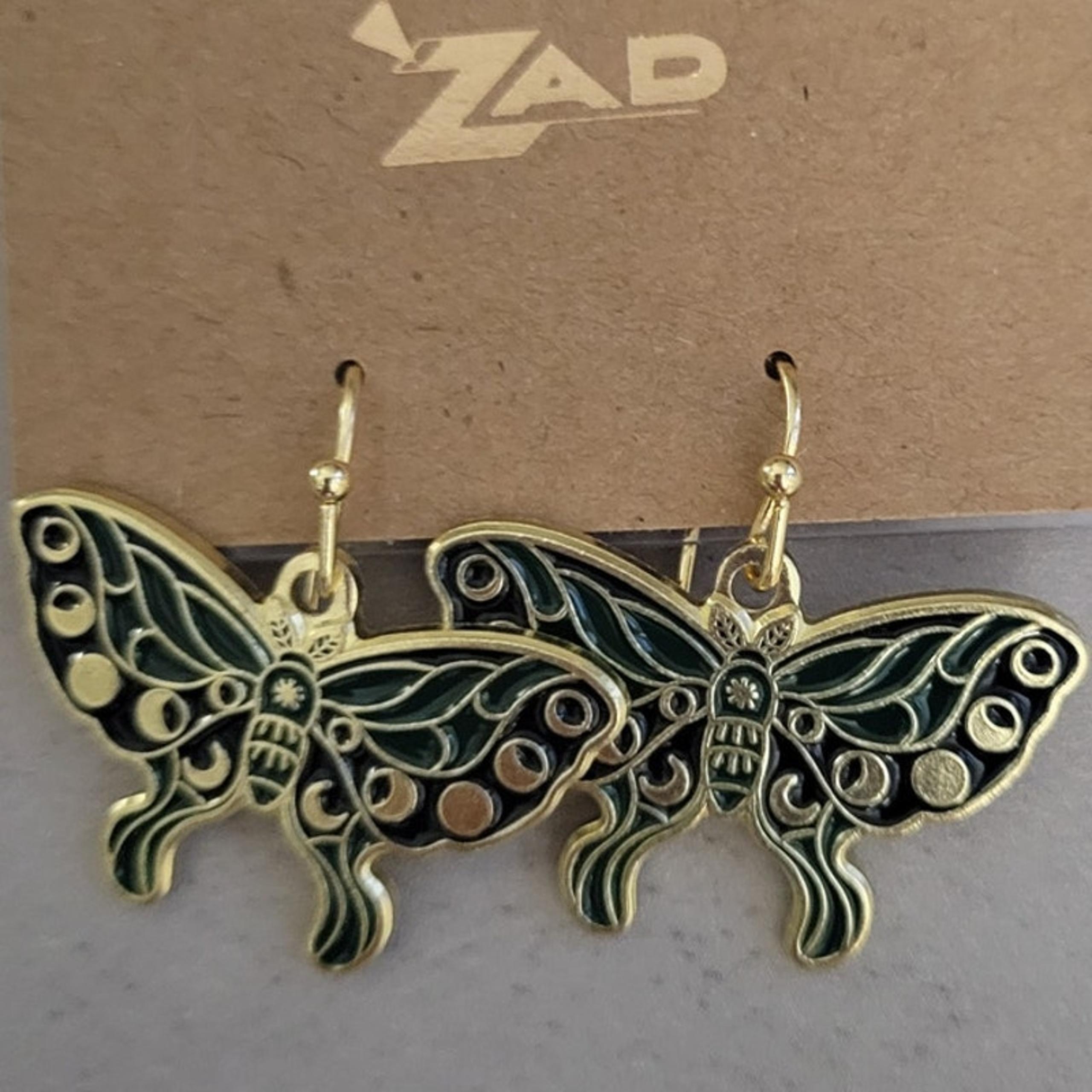 Mystical Moth Enamel Celestial Lunar Dangle Earrings Black Green Gold