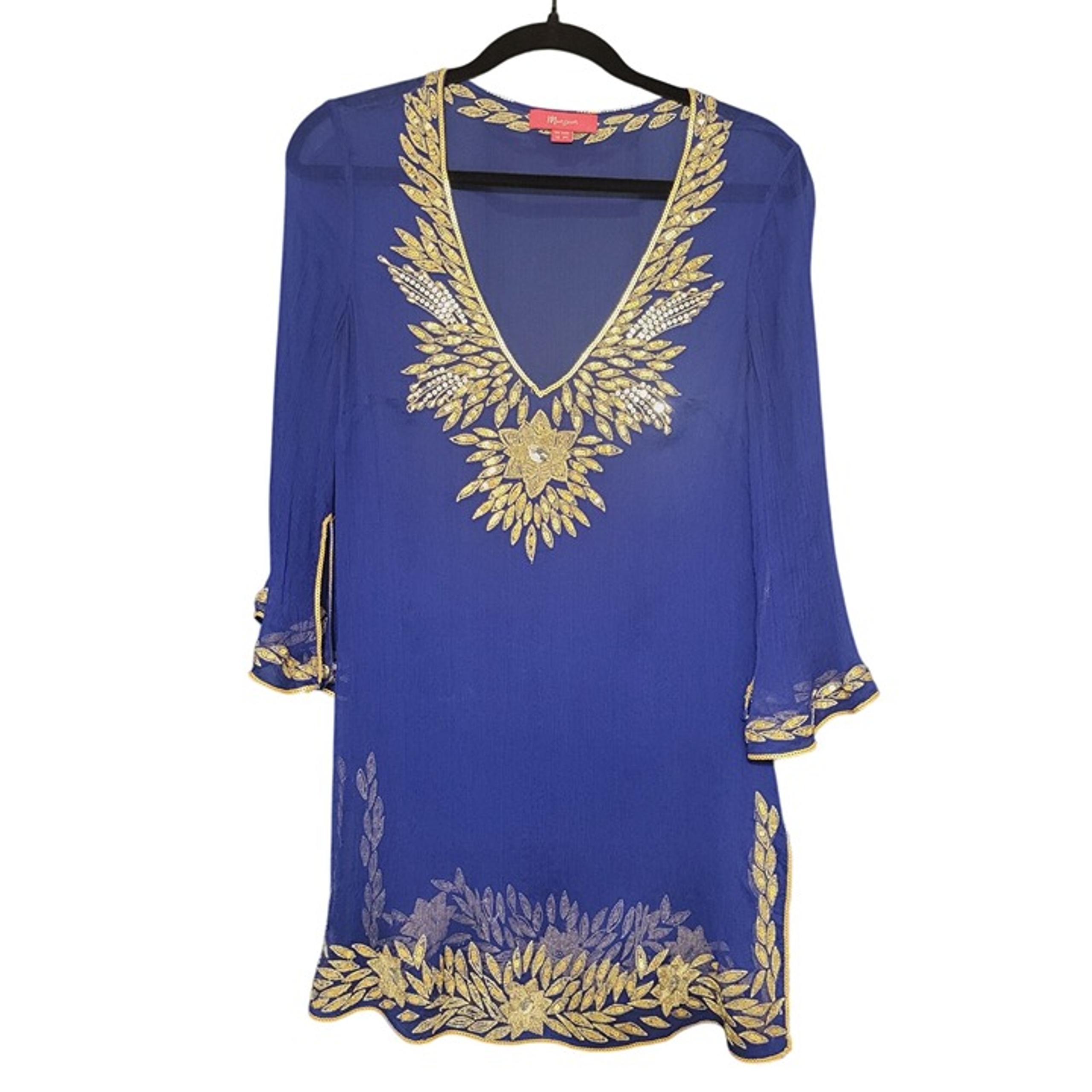 Monsoon Royal Blue & Gold Embroidered Crinkle Silk Cover up Tunic Dress US 8 M