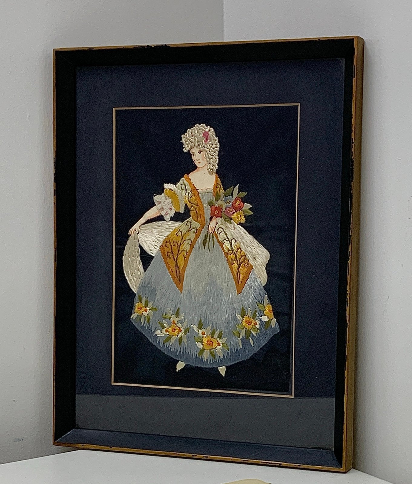 Vintage Victorian Era Framed Matted Silk Needlepoint Hand Crafted Lady in Dress