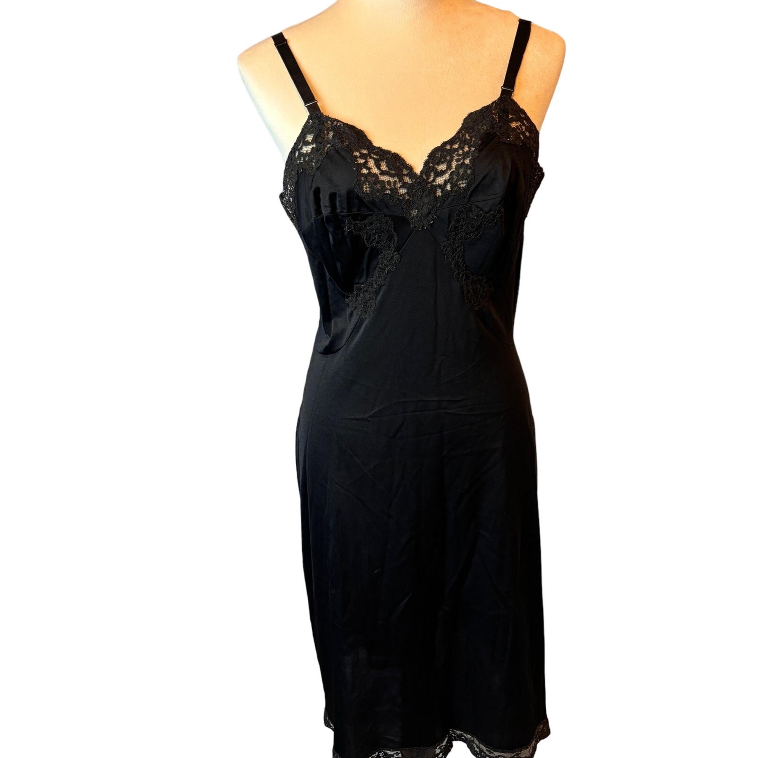 Vintage Gossard Artemis Full Slip Womens 36 Black Whimsigoth Dress Lace