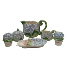 Vtg Fitz & Floyd OCI 1990 Blue Hydrangea Teapot Set