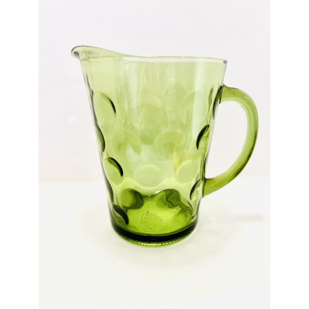 Vintage MCM Hazel Atlas Green Water Pitcher Jug El Dorado Pattern Glass Bubble