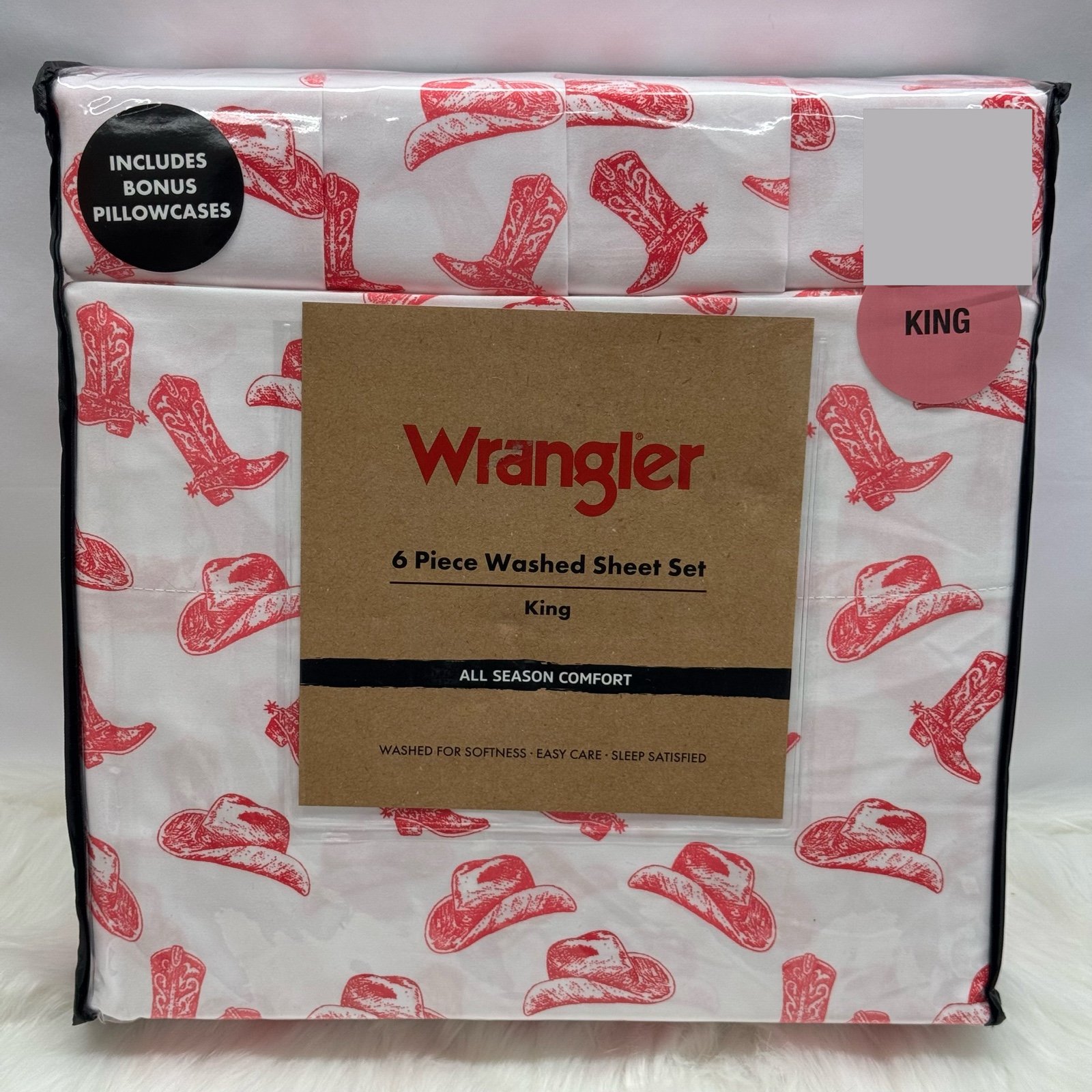 Wrangler 6 Piece Pink Western Cowboy Cowgirl Hat & Boots King Sheet Set