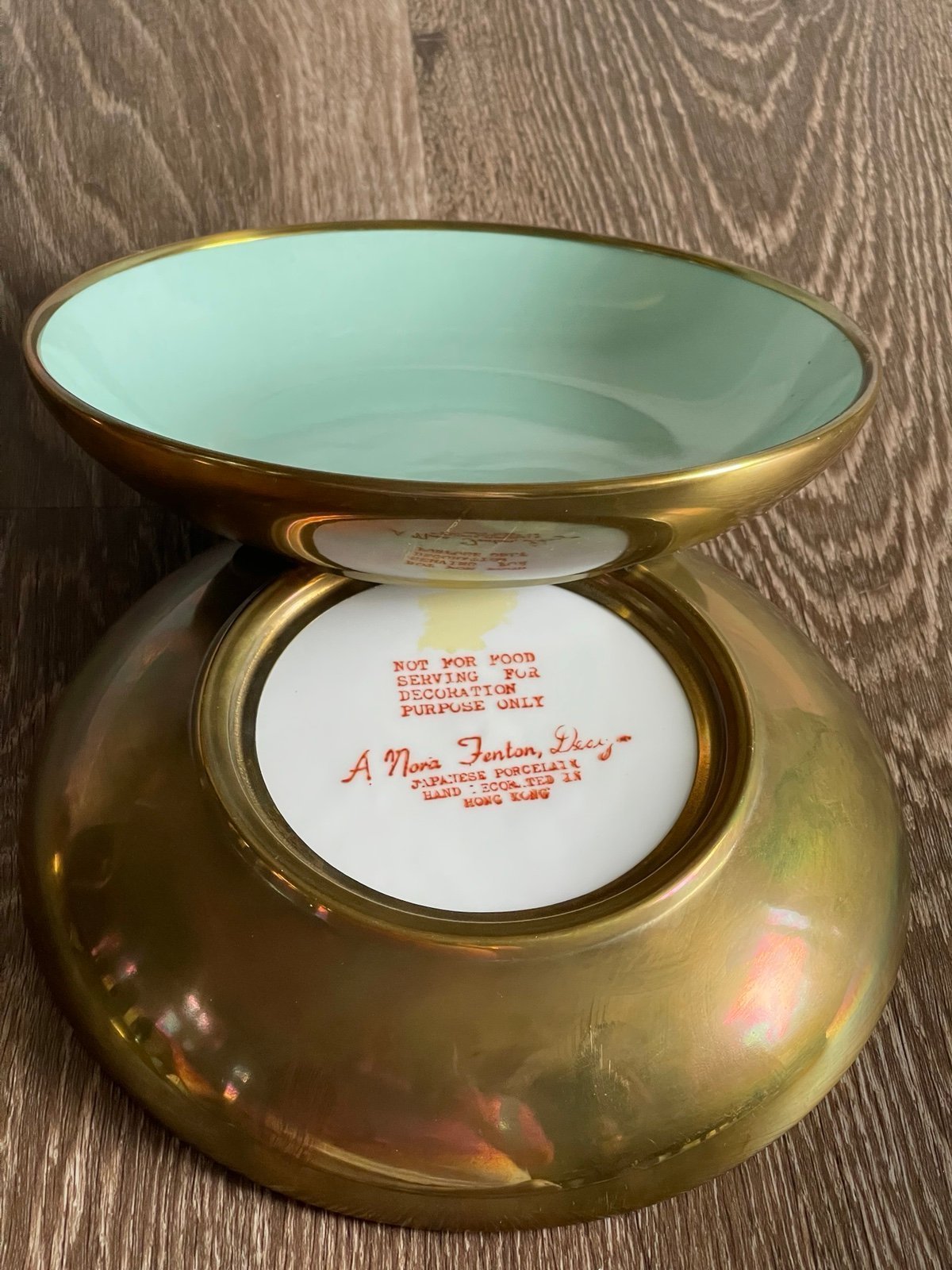 Set of 2 Japanese porcelain& brass blue collection bowl Hong Kong 40s antique