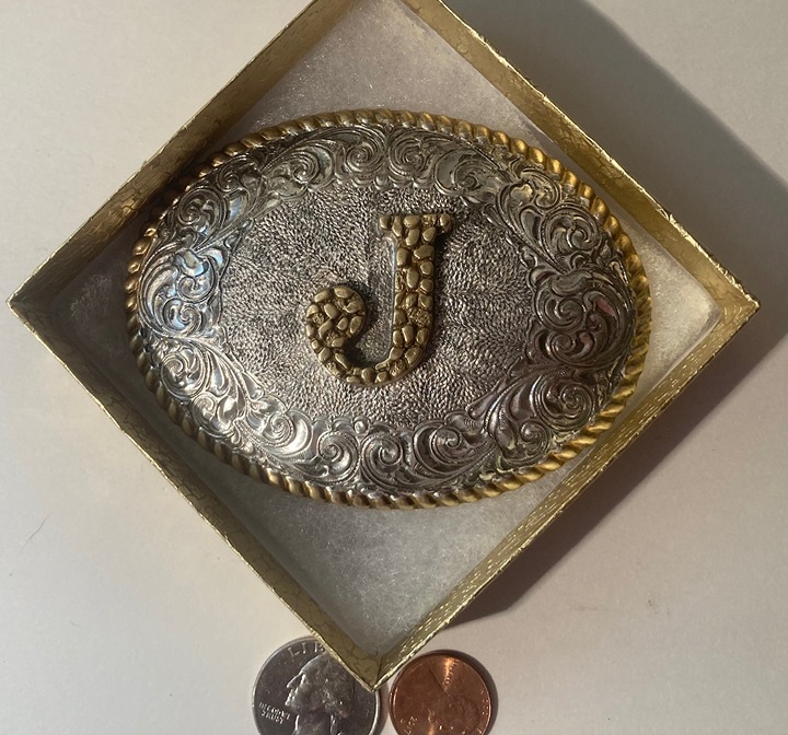 Vintage Metal Belt Buckle, Silver and Brass, Crumrine, Letter J, Initial J