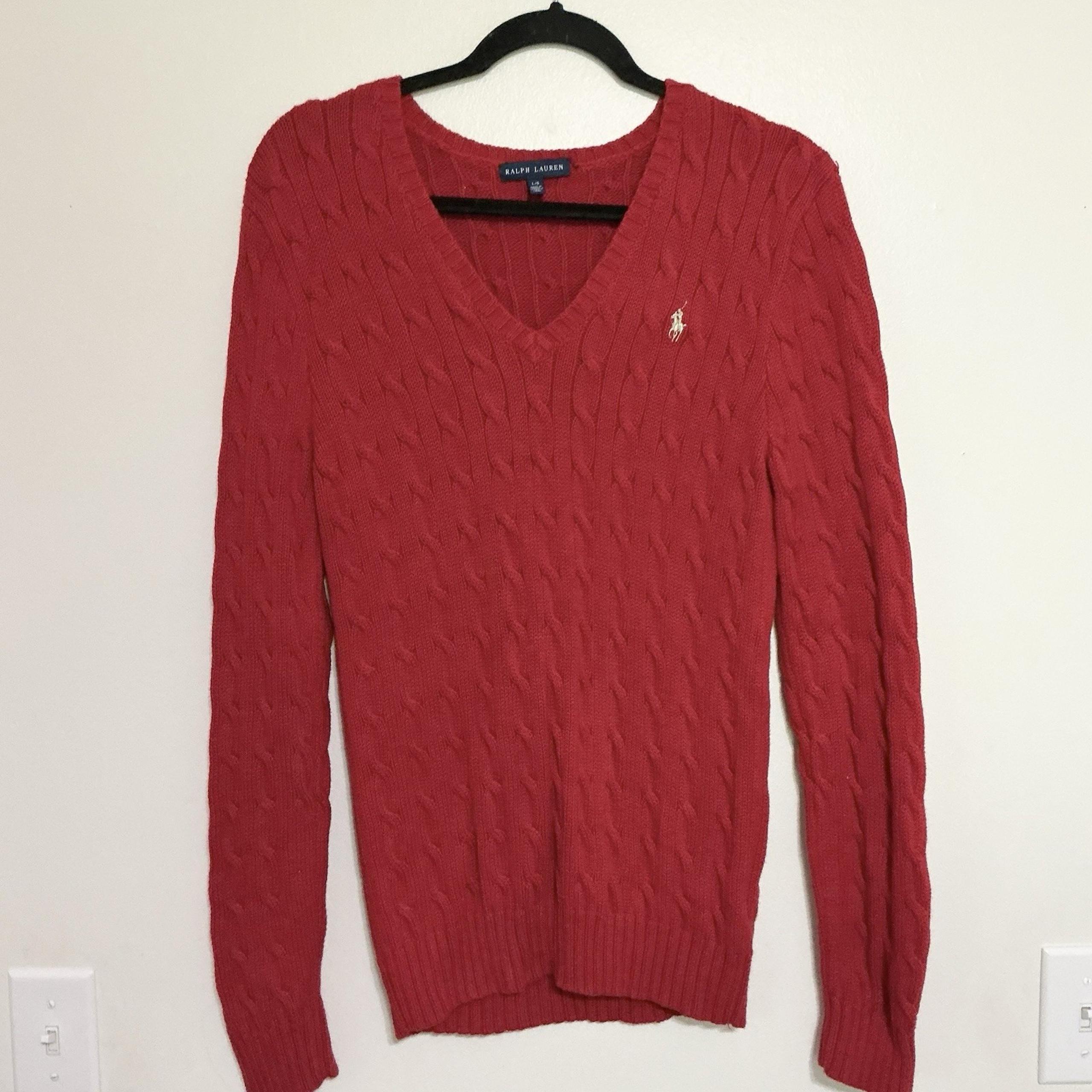 Polo Ralph Lauren Sweater Women Large Red Gold Pony Cable Knit V-Neck Pullover L