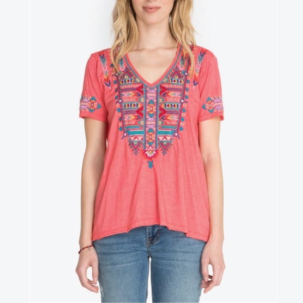 Johnny Was Laurelle Relaxed Fit Embroidered Boho T-Shirt Size XS