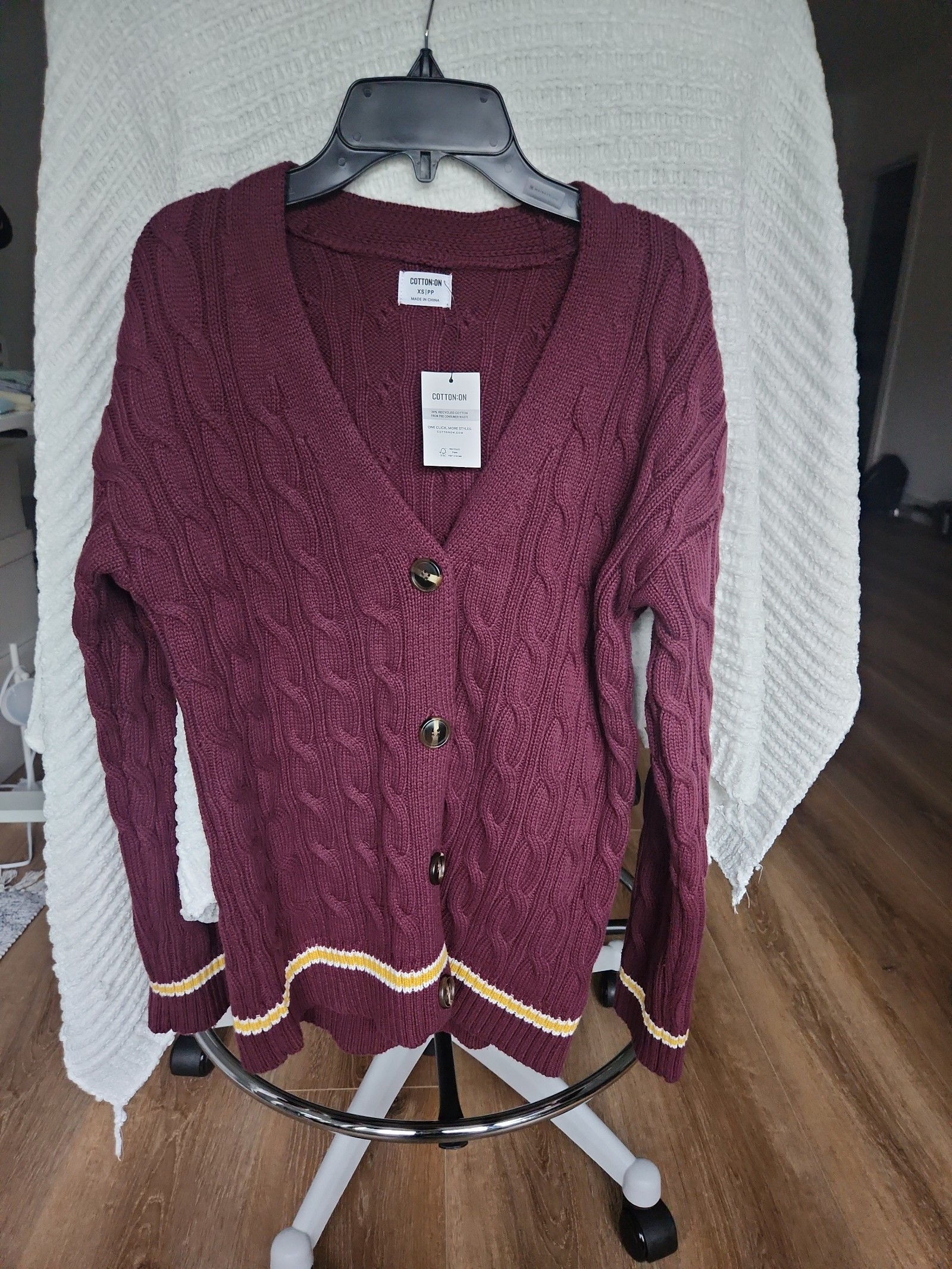 Cotton On - Burgundy Varsity Cable Knit Button-Up Cardigan, Size XS, NWT