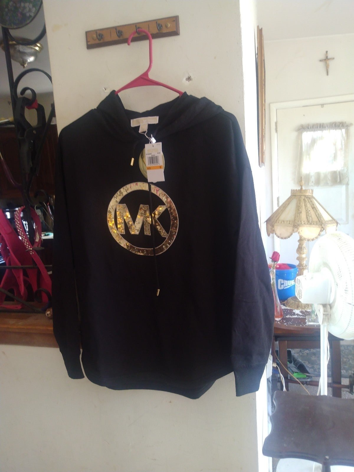 Michael Kors Black Gold Sequin Mk Hoodie Size Small New