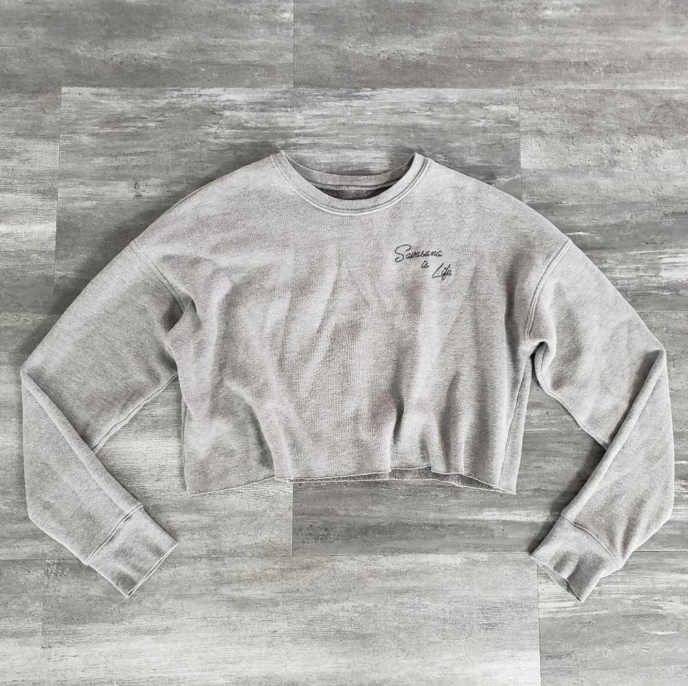 Grey Savasana Is Life Cropped Sweater Long Sleeve