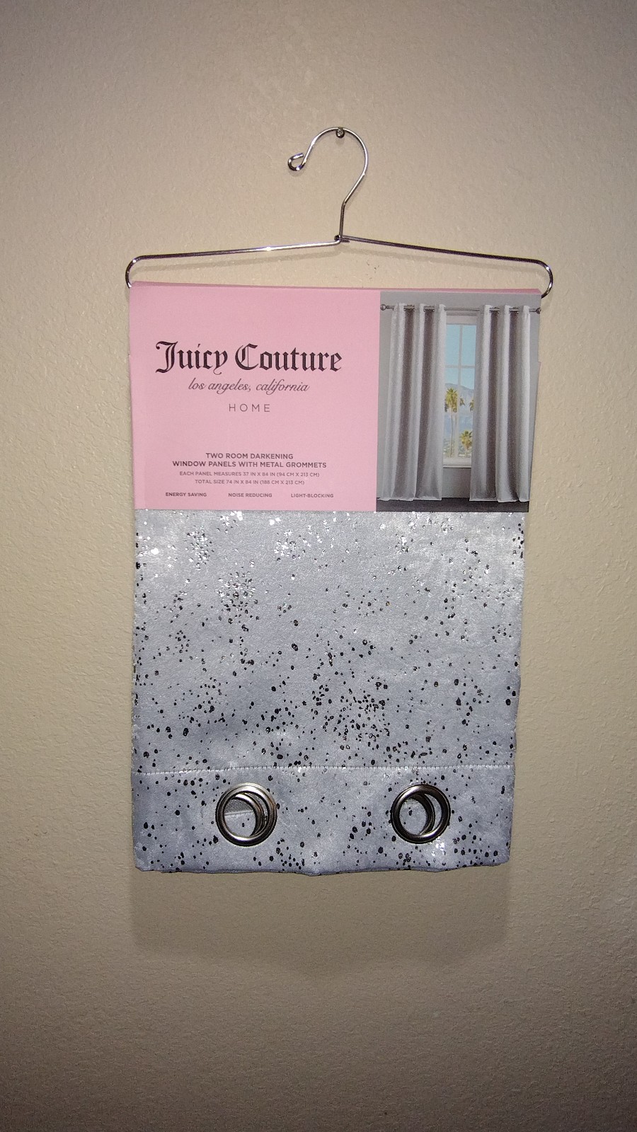 JUICY COUTURE WINDOW CURTAIN SET JUICY COUTURE WINDOW PANELS SILVER DOTS X2